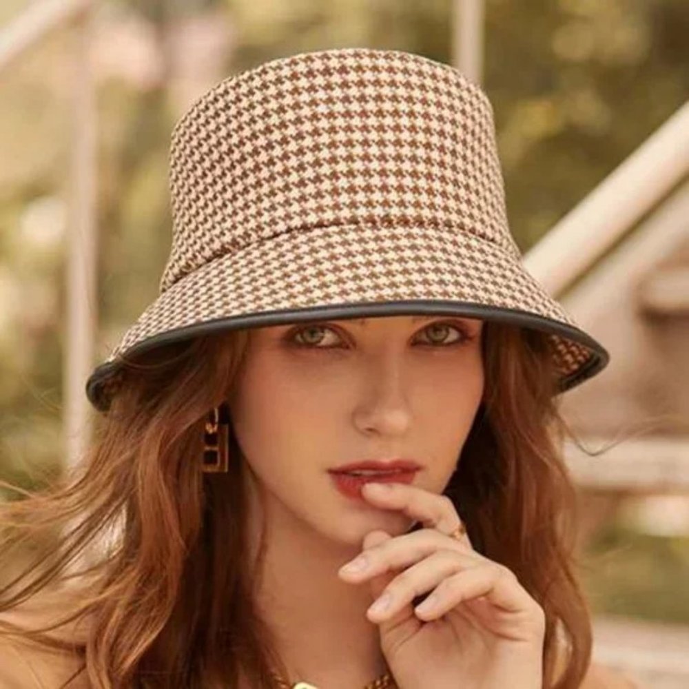 BROWN Houndstooth Bucket Hat Tan - Picture 3 of 7